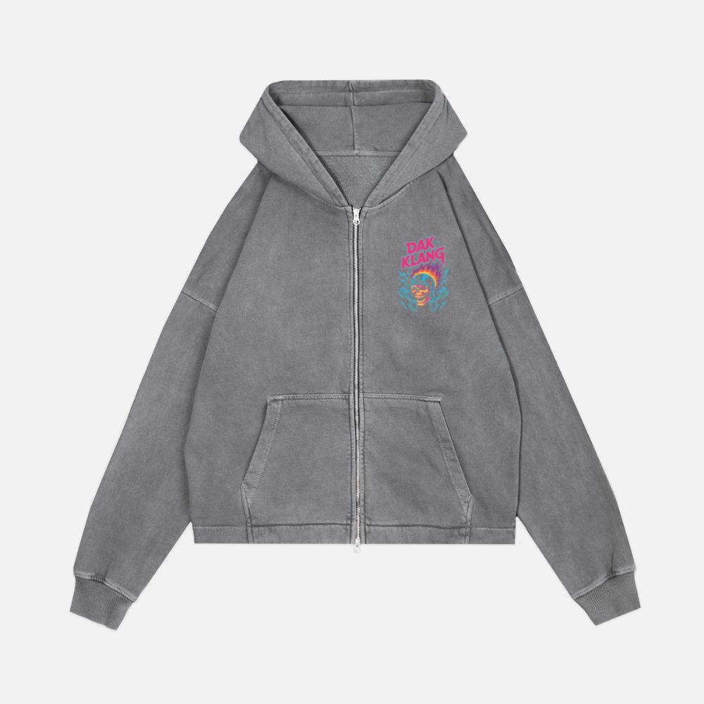 Dak Klang Skull Helmet Fire Neon Graphic Zip Hoodie