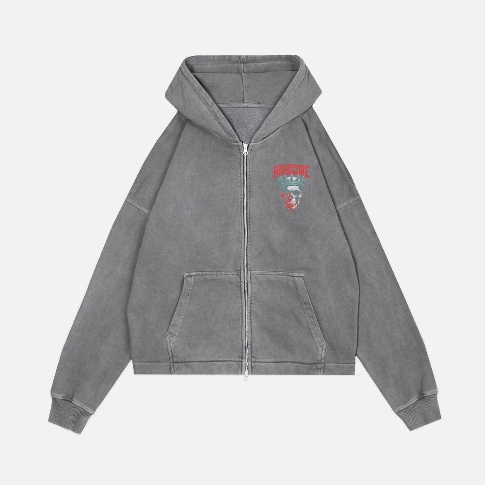 Hardcore Skull King Crown Dark Graphic Zip Hoodie